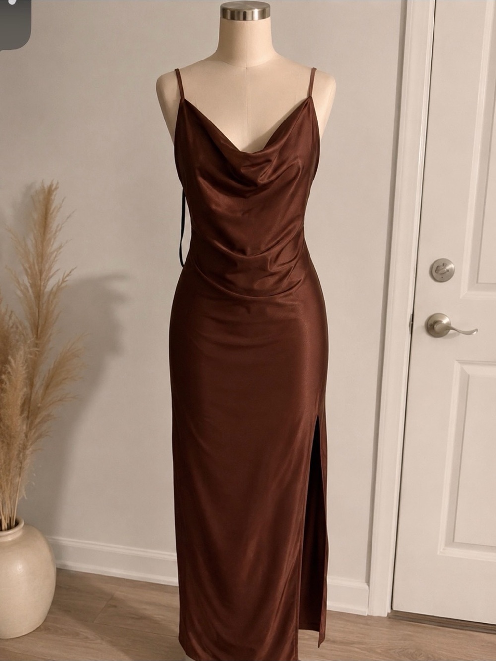 Cowl Neck Satin Maxi Dress — Brown